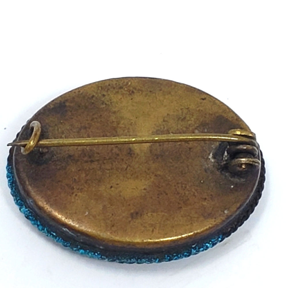 Vintage Micro Mosaic Raised Floral Oval Pin Brooch Purple Teal C Clamp - Picture 9 of 12